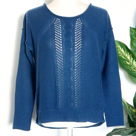 360 Cashmere Blue Cable & Open Knit Long Sleeve Boat Neck Sweater Pullover Small - Picture 12 of 12